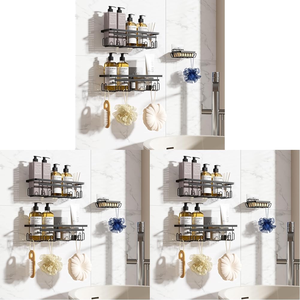 Vinabo Estantería de baño con jabón, 3 Unidades, Estante de Ducha sin perforación, Accesorio de baño antioxidante, Almacenamiento de Ducha con Ganchos, Esenciales para el Cuarto, Cocina (Paquete de 3)