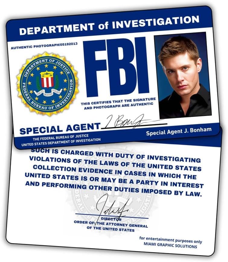 Supernatural Dean Winchester FBI License ID | Dean FBI License Supernatural/Prank Items/Double Sided/Great Complement for Costumes/Professional Quality: Funny Car Accesories/Funny Things