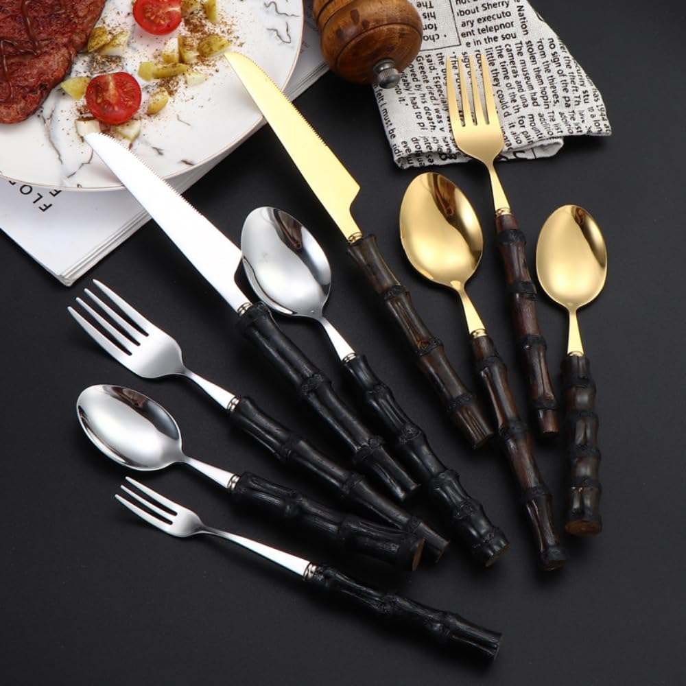 Manico Distintivo Cucina Acciaio Inox Argenteria Stoviglie Posate Set Bistecca Coltello Forchetta Cucchiaio Cucchiaino (Argento,20 pezzi)