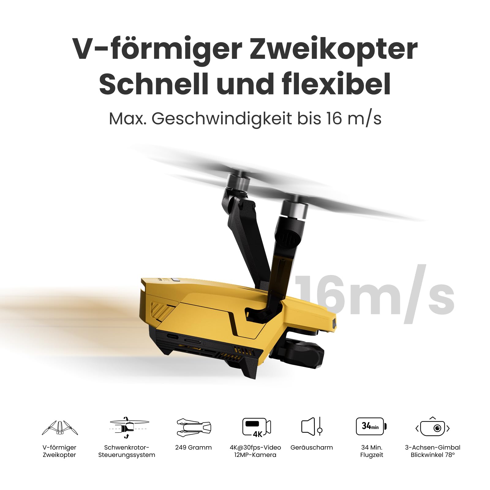Falcon Mini Drone avec Caméra 4K pour Adultes et Débutants, Design Bi-Copter, Vol inversé, Vitesse max 16 m/s, Transmission vidéo 10,000 ft, 1 Batterie pour 34 min D’autonomie, 249 g