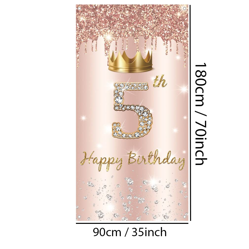 5. urodziny dziewczyna dekoracja, Happy 5 Birthday drzwi w kolorze różowego złota, baner z materiału 5. urodziny materiał szyld plakat dekoracja drzwi baner, tło baner, tło baner przyjęcie urodzinowe dekoracja