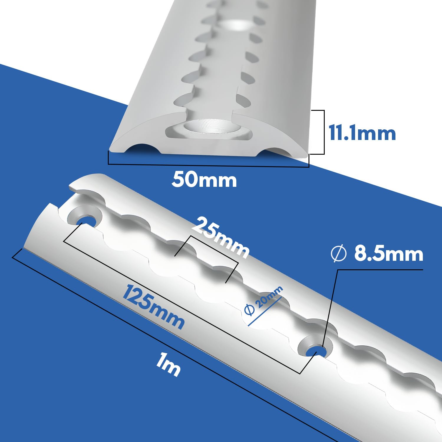 4 x 1 m de rail d'arrimage, forme demi-circulaire en aluminium, rail d'arrimage éloxé avec trous, rail d'arrimage avec 10 œillets et 8 embouts, système de fixation de charge pour camions et