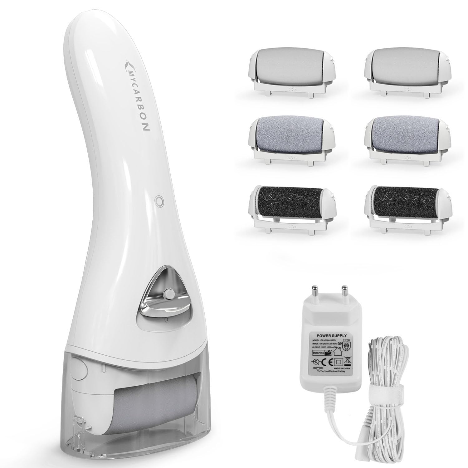 Lima elétrica de pies MYCARBON, Recargable Aparato de Pedicura Profesional, Eliminar las Durezas y las Callosidades, con Recambios (Blanco)