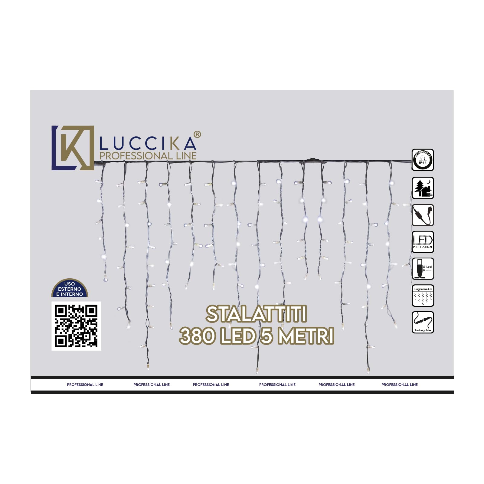 Luccika Cascata di Stalattiti Professionali, colore luci Oro Antico, 5 Metri con 380 Maxi LED da 8 mm, Flash Ghiaccio, Pendenti varie lunghezze fino ad 1 Metro, Prolungabile, per uso Interno/Esterno