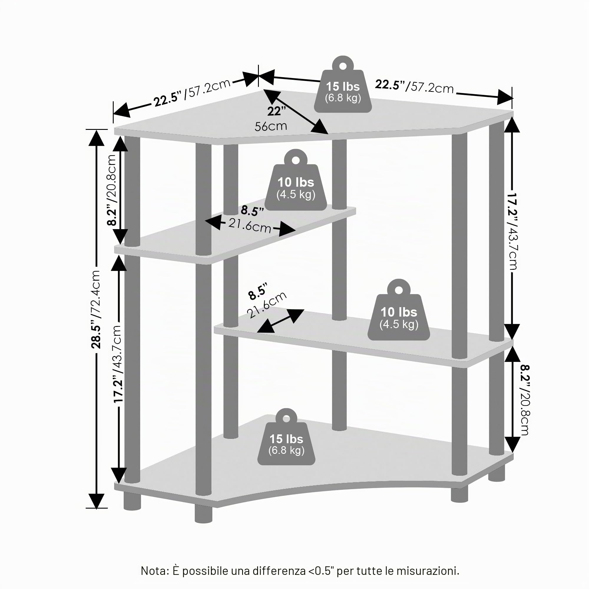 Furinno TURN-N-TUBE Scaffali contenitore, scaffale angolare a 4 ripiani, scaffale espositivo, libreria angolare, per organizzazione e stoccaggio, soggiorno, ufficio domestico, Americano