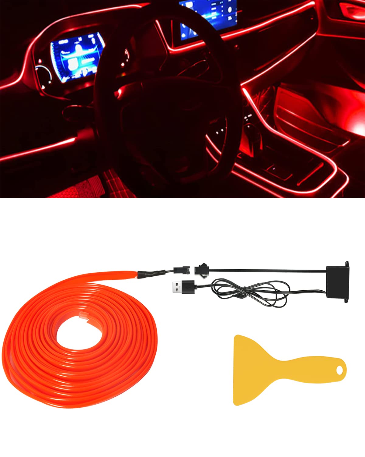 El Wires - Tira de luz LED de ambiente decorativa para interior de coche, 5 m, luz de neón, decoración de borde de costura, letrero de bricolaje con USB (rojo)