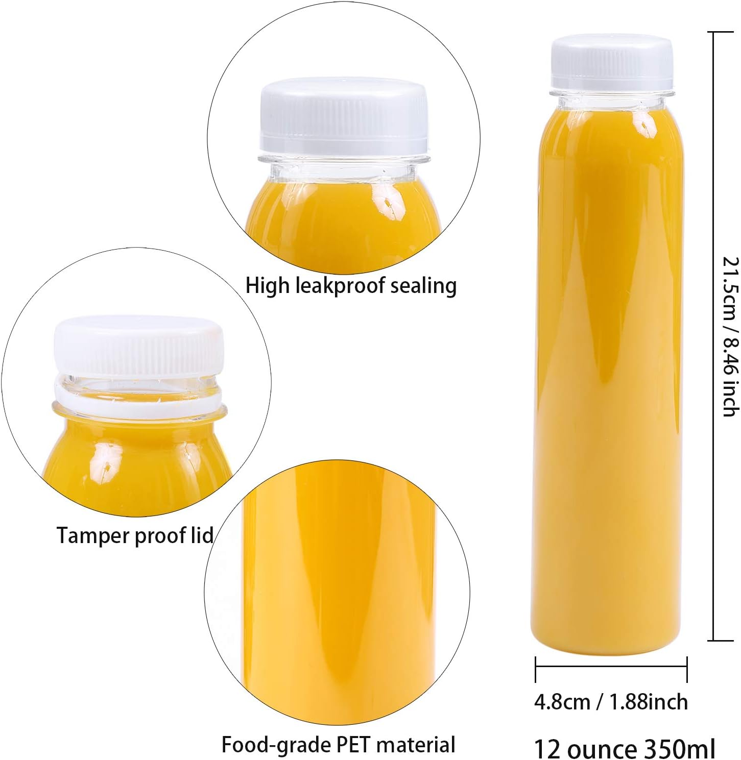 Aneco 12 Pack 12 Oz Plastic Empty Juice Bottles Round Drink Containers with Lids for Storing Water or Homemade Beverages