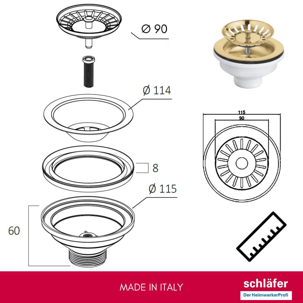 Schläfer 439728 | Piletta di Scarico per Lavabo Tipo Basket in PVD Oro, Senza Troppo Pieno, con Attacco da 1"1/2 e Foro da Ø 90mm, Pilettone Ø 114mm, Piletta Standard in Inox con Vite e Cestello