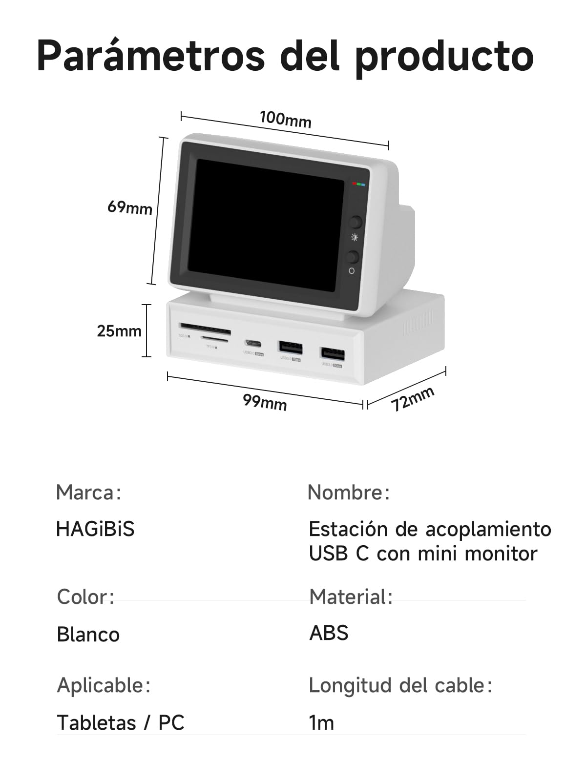 Hagibis Mini Pantalla PC Monitor Secundario USB C Hub AIDA64 IPS | Pantalla IPS clara para monitorizar tu PC. Incluye hub USB integrado para conectar dispositivos en tu escritorio.