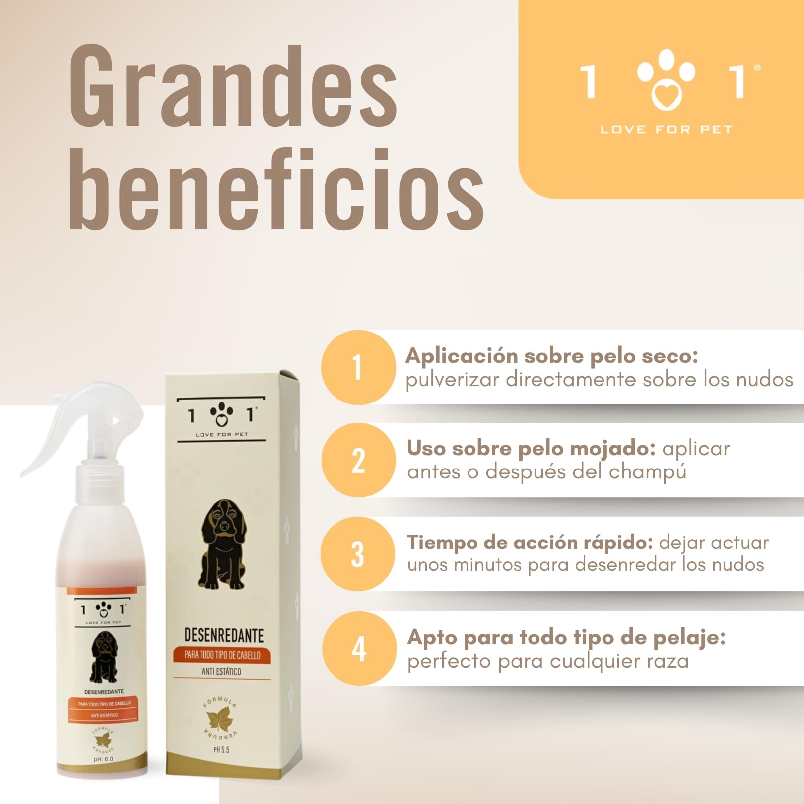 Línea 101 Spray Desenredante Pelo Perros 250ml, Acondicionador Perro Natural con Aceites Vegetales, Acondicionador para Perros Antiestático, Pelo Suave y Brillante, Made in Italy