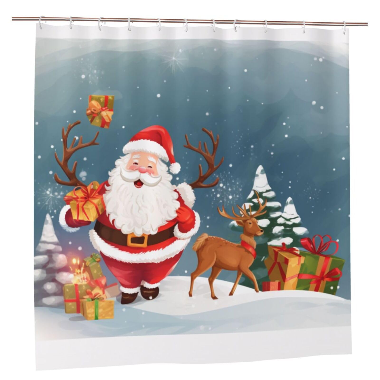 BWWHCCTI Merry Christmas print Printed Shower Curtain With 12 Plastic Hooks Opaque Quick Drying Waterproof Shower Curtains Sets For Bathroom 183x183 CM