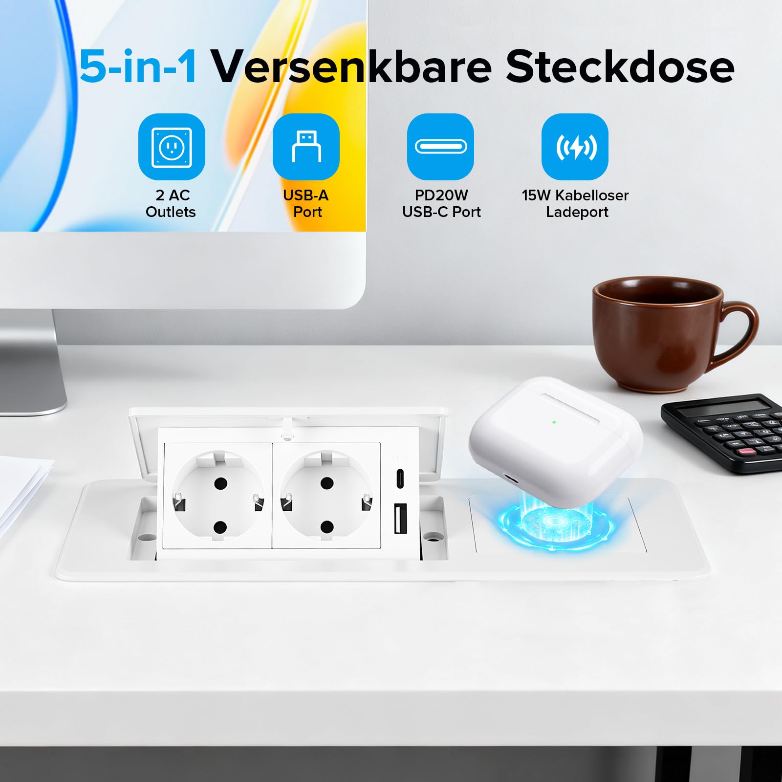 Presa a scomparsa con USB, presa elettrica da incasso con caricabatterie wireless 3 in 1, per telefoni cellulari, smartwatch e cuffie, presa da incasso per cucina, scrivania, tavolo da conferenza