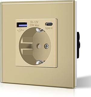 BSEED Steckdose aus Glas mit 20W USB C, Schnellladegerät Wandsteckdose, 3 in 1 Unterputz Steckdosen, Einfache Installation, 240V 16A, 86mm 1 Fach Gold