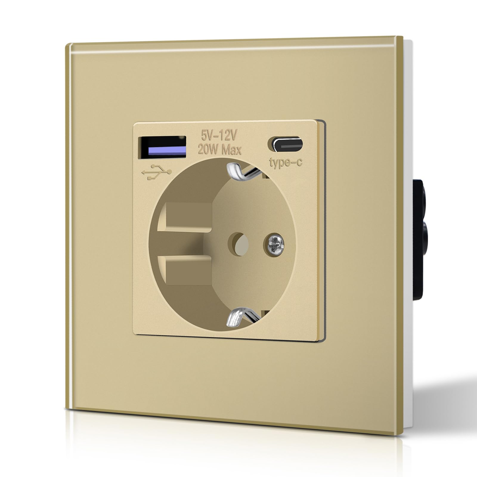 BSEED Steckdose aus Glas mit 20W USB C, Schnellladegerät Wandsteckdose, 3 in 1 Unterputz Steckdosen, Einfache Installation, 240V 16A, 86mm 1 Fach Gold
