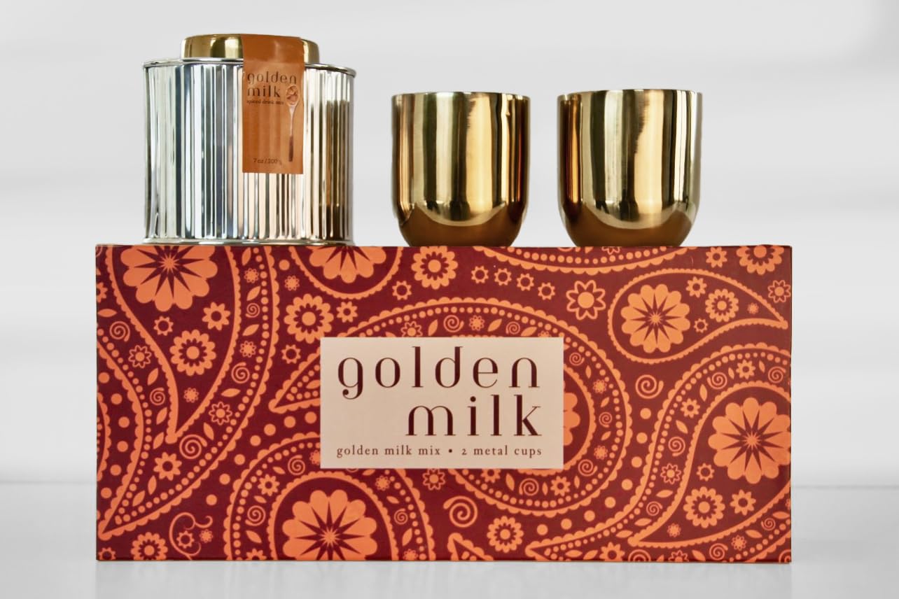 Verve CULTURE Indian Golden Milk Spice Mix Gift Set, Haldi Doodh with Curcumin Rich Turmeric, Beverage Spice Blend with Cinnamon, Ginger, Black Pepper, 220g Adorned Metal Tin and Drinking Mugs