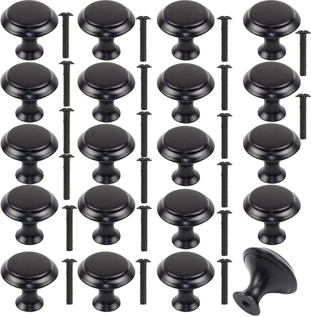 20 PCS Cabinet Door Knobs,30mm Stainless Steel Cabinet Knobs Kitchen Round Pull Handles Mushroom Door Handles Knobs Black Cupboard Knobs with 20 Screws for Furniture Drawer Wardrobes Bathroom Doors