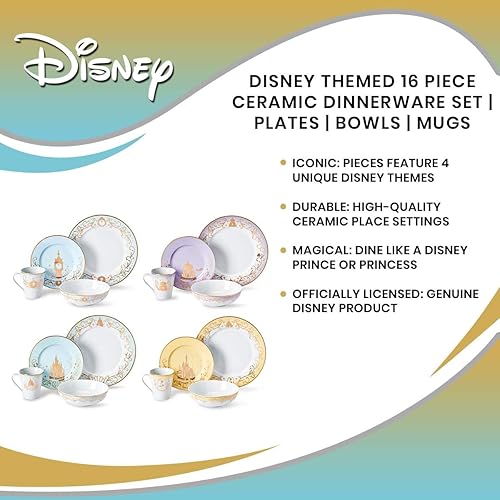Miniatura 6 de Juego de vajilla con temática de Disney  16 platos de cerámica 4 lugares  Colección 1 Cenicienta Aladdín Sirenita y Belleza y la Bestia coloridos
