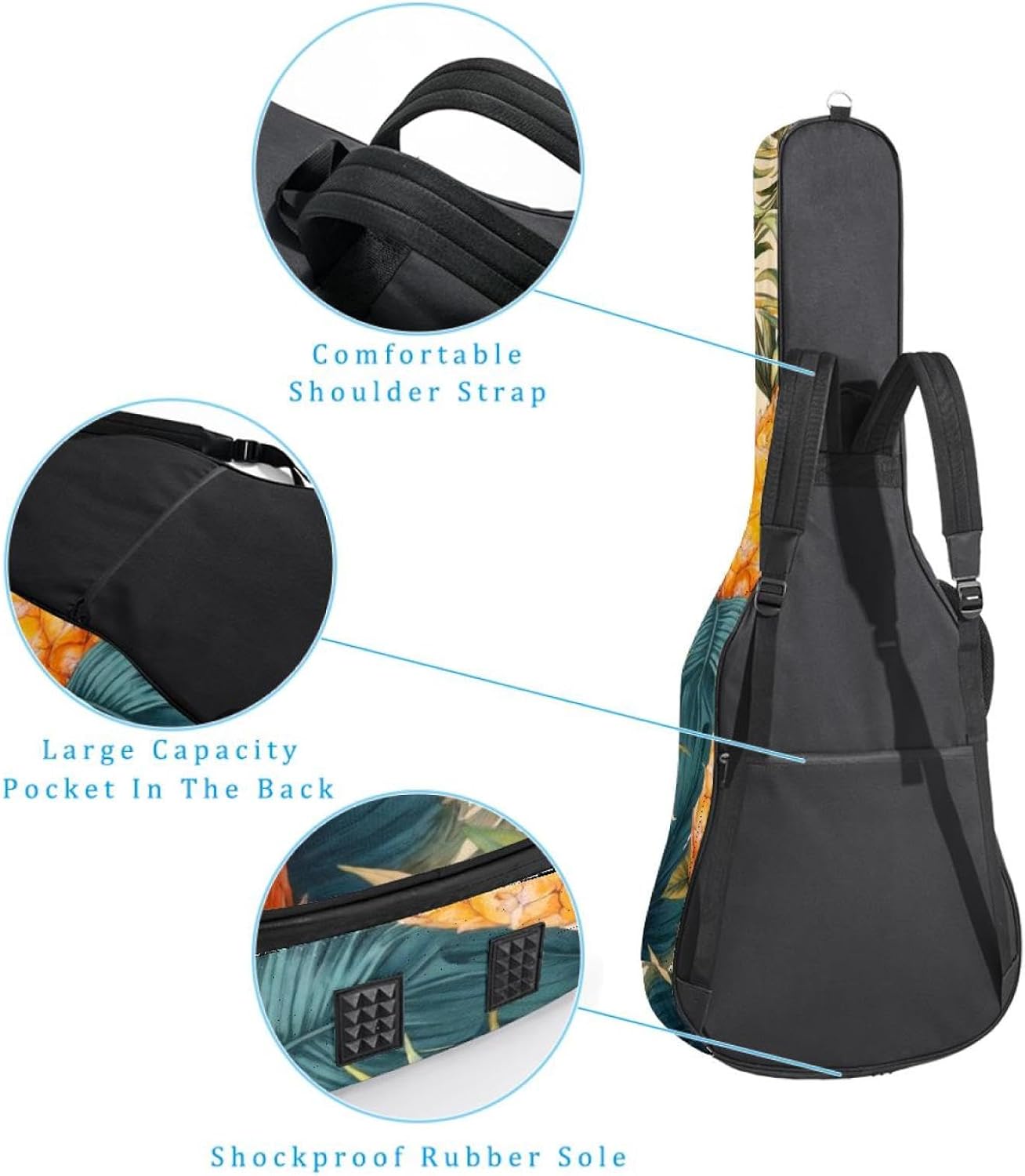 40 41 42 Inch Guitar Bags, Waterproof Padded Acoustic Guitar Case Backpack with Adjustable Shoulder Strap & Pockets, Pineapple Jungle Leaves Flowers Pattern