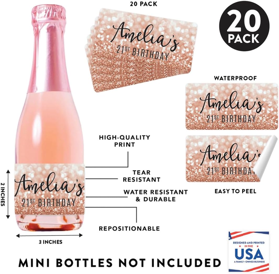 Andaz Press Personalized Mini Champagne Wine Bottle Labels, Birthday, Glitzy Rose Gold Glitter 20-Pack Custom Mini Champagne Labels Stickers Birthday Mini Bottle Labels Personalized Wine Bottle Labels