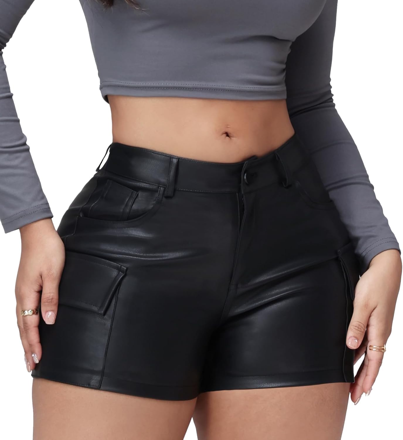 Zebaexf Women Faux Leather High Waisted Shorts Cargo Y2K Pocket Casual Summer Shorts Party Club Outfits