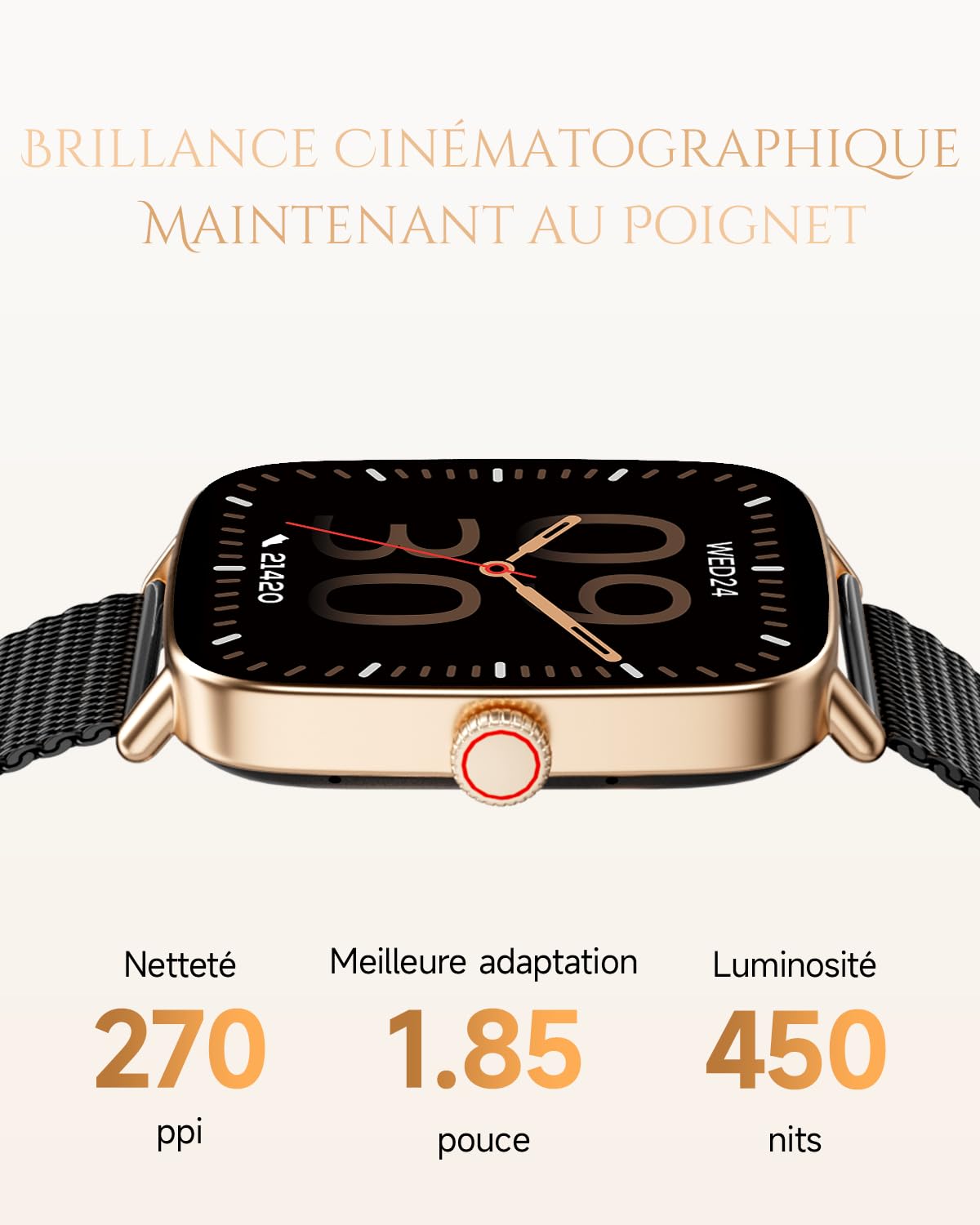 TOOBUR Montre Connectée Femme, Montre Podometre, Étanche IP68, Noir Doré | Montre de Sport Tendance, Montre Connectée Santé/Cardio/Sommeil, Smartwatch Compatible Android/iOS, Répondre Appels