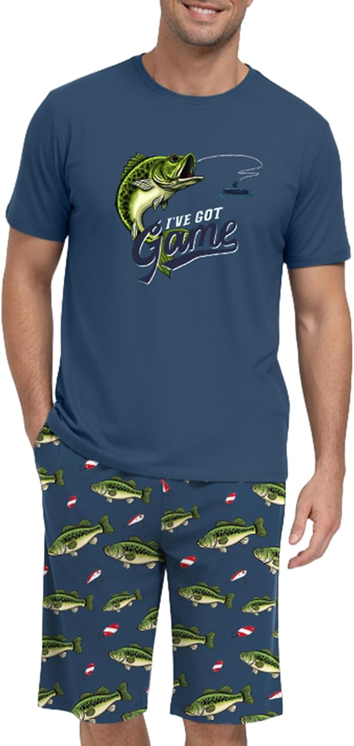 PrinStory Men Pajama Set Summer Pjs Sleepwear Short Sleeve Graphic Tee and Printed Shorts Novelty Loungewear With Pocket