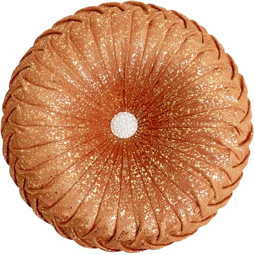 Image of EUCIOR Round Throw Pillows,Orange and Gold Throw Pillow,Soft Spandex Fabric,Pumpkin Pleated Handmade Orange Round Velvet Decorative Pillow for Sofa Bedroom Livingroom
