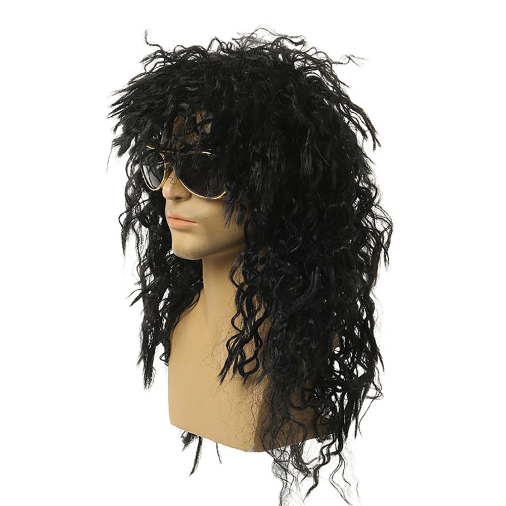 JIHUOO Mens 80s Black Wig Punk Rocker Wig 70s Retro Style Wig Funky Punk Wig Long Hippie Wig Fancy Dress Wig Halloween Cosplay Wig for Men Women - Image 2