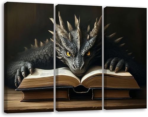 3 Piece Canvas Wall Art Vintage Dragon Reading Book Art Print Dark Academia Folklore Bookworm Paintings Pictures abstract wall art for living room
