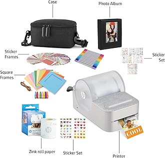 HP Sprocket Panorama Instant Portable Color Label & Photo Printer (Grey) Gift Bundle with case, Zink roll, Photo Album, Markers, Stickers and Frames