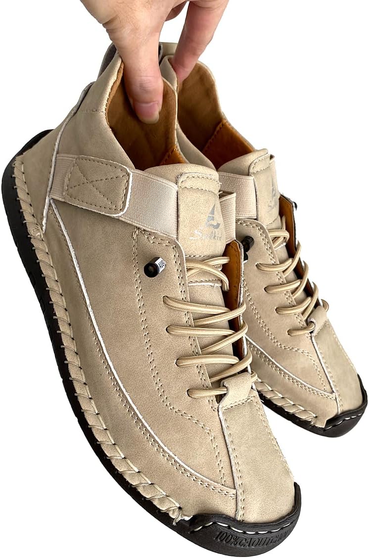 Women's Comfort Walking Shoes, Handstitched Pu Leather Ankle Boots, Green Slip-On Outdoor Flats