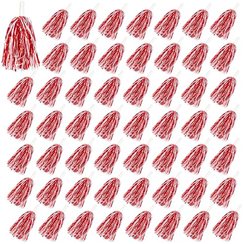 54PCS Cheerleading Pom Poms Metallic Foil Plastic Pom Poms with Baton Handle for Game Sports (Red White)