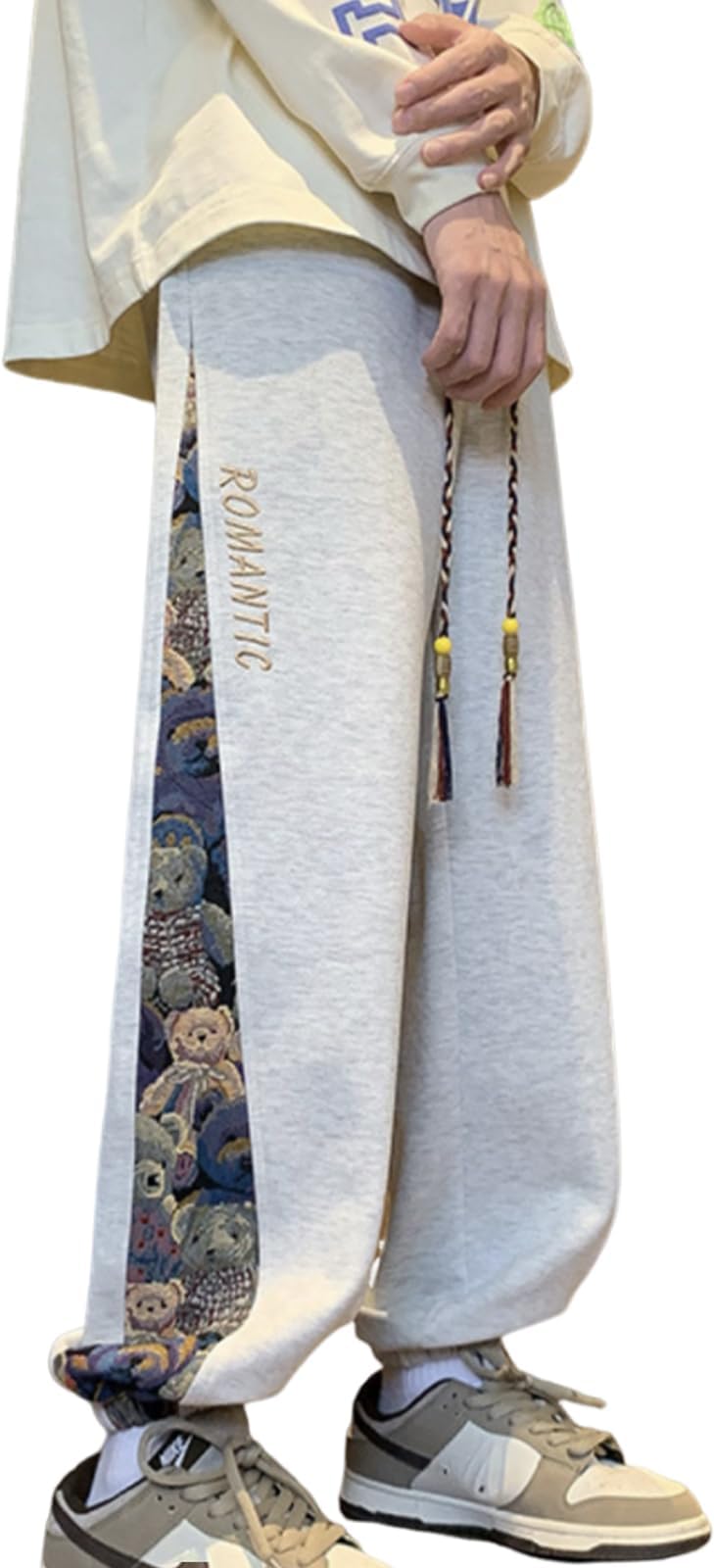 Men's Long Pants, Sweat Pants with Bear Pattern, Loose Wide Silhouette, Spring, Autumn Bottoms