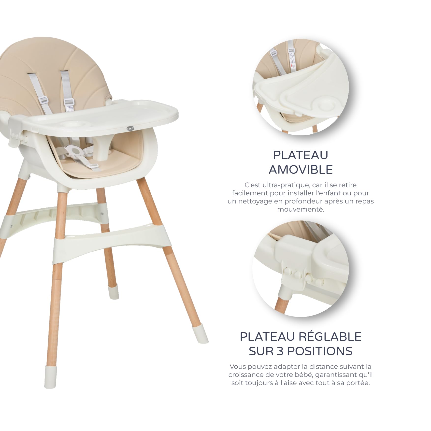 MS BabyWorld – MIKA – Chaise Haute pour Bébé 3 en 1 | Convertible en Rehausseur et Chaise | Siège Rembourré | Pliable et Évolutive