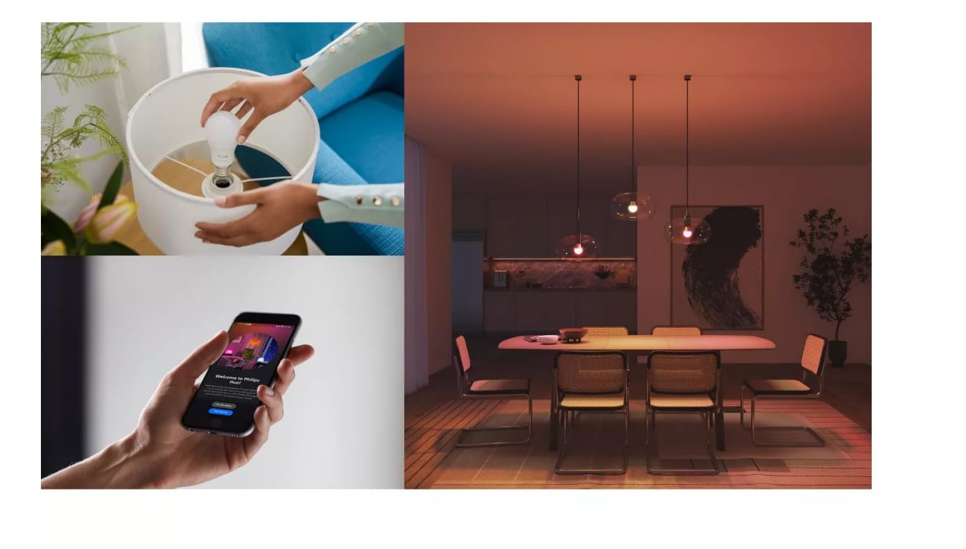 Philips Hue Smart Lighting Starter Kit 3 Lampadine Plus Bridge, Bianco e Color Ambiance, Lampadine E27, 806 Lumen, 60W, con Bridge, Controllo App, Funziona con Alexa e Google Assistant