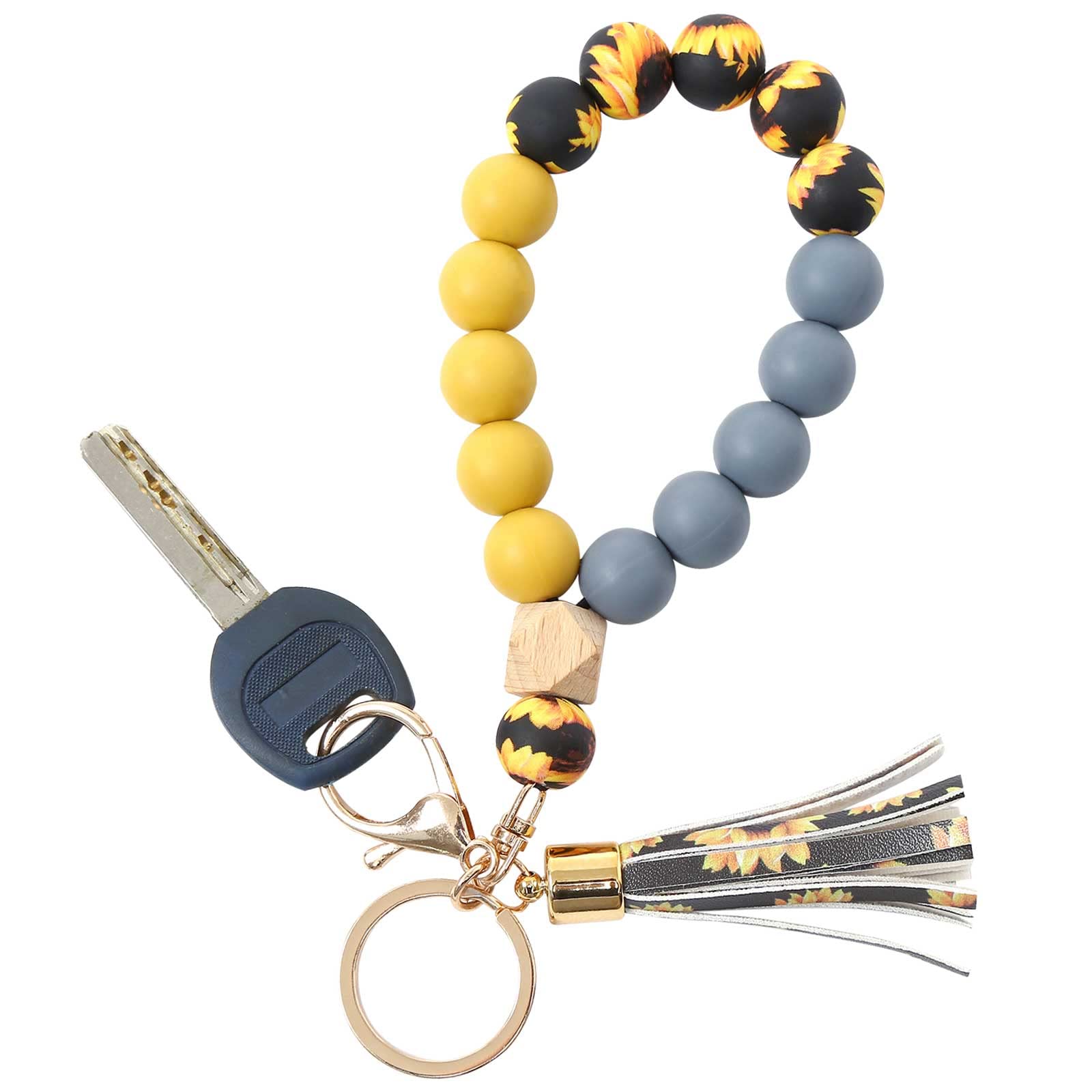 BAOSIWASilicone Key Ring Bracelet Wristlet Keychain Unique Beaded Bangle Key Chains for Women with Leather Tassel