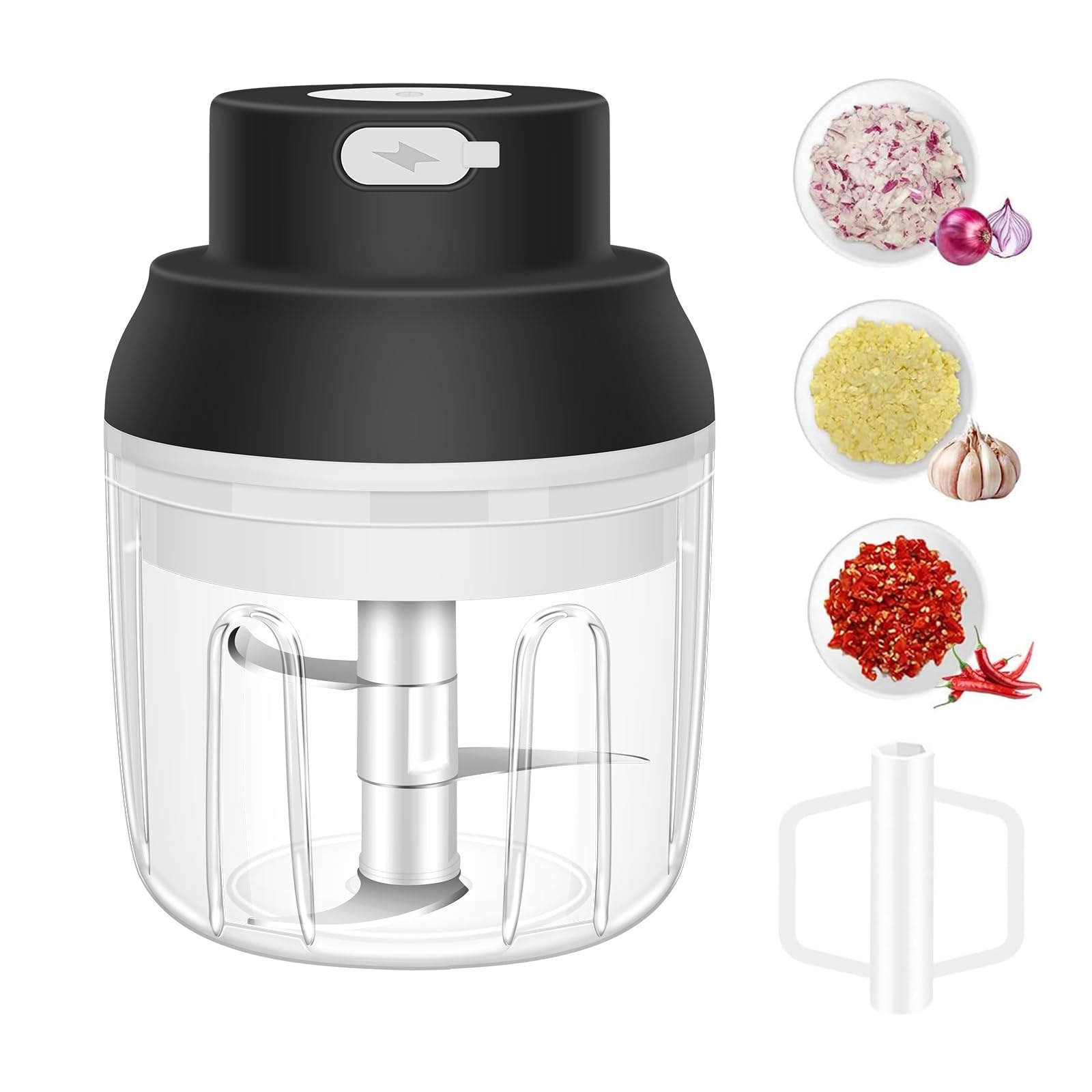 Electric Garlic Chopper, 250ML Garlic Mincer with Egg Beater, Mini Portable Vegetable Chopper, Onion Grinder Masher, USB Small Food Processor for Veggie, Garlic, Ginger, Chili(Black)