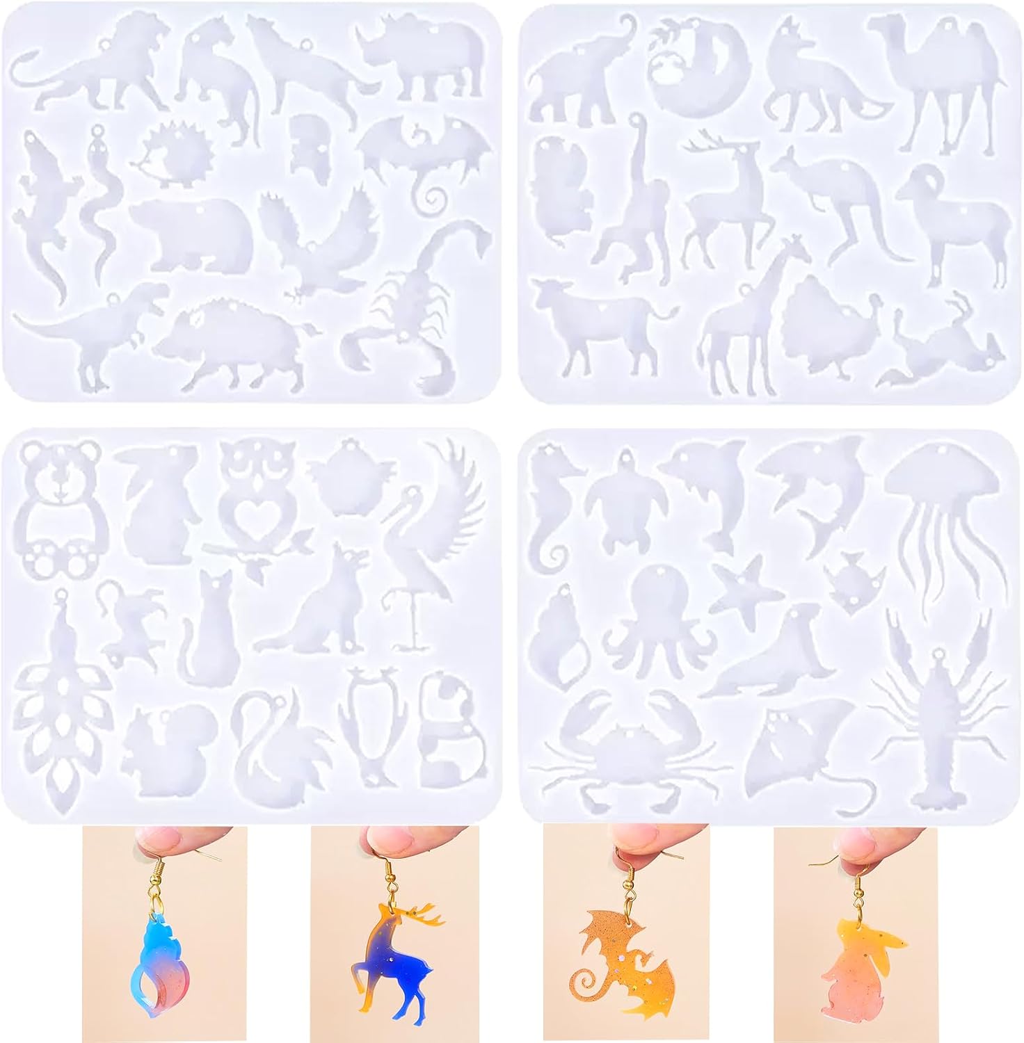 4 Piece Resin Earring Molds ， 47 Unique Shapes UV Butterfly Resin Molds with Holes Ideal for DIY Silicone Earrings Necklaces Jewelry and Animal Designs Creative Art Gifts