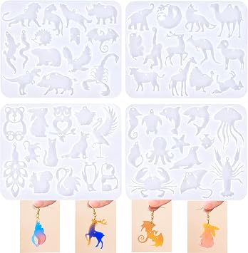 4 Piece Resin Earring Molds,53 Animal Shapes UV Resin Molds with Holes for Keychain Making Cats Dogs Bears Silicone Molds for Earring Necklace Pendant Jewelry Craft Supplies DIY Art Gift