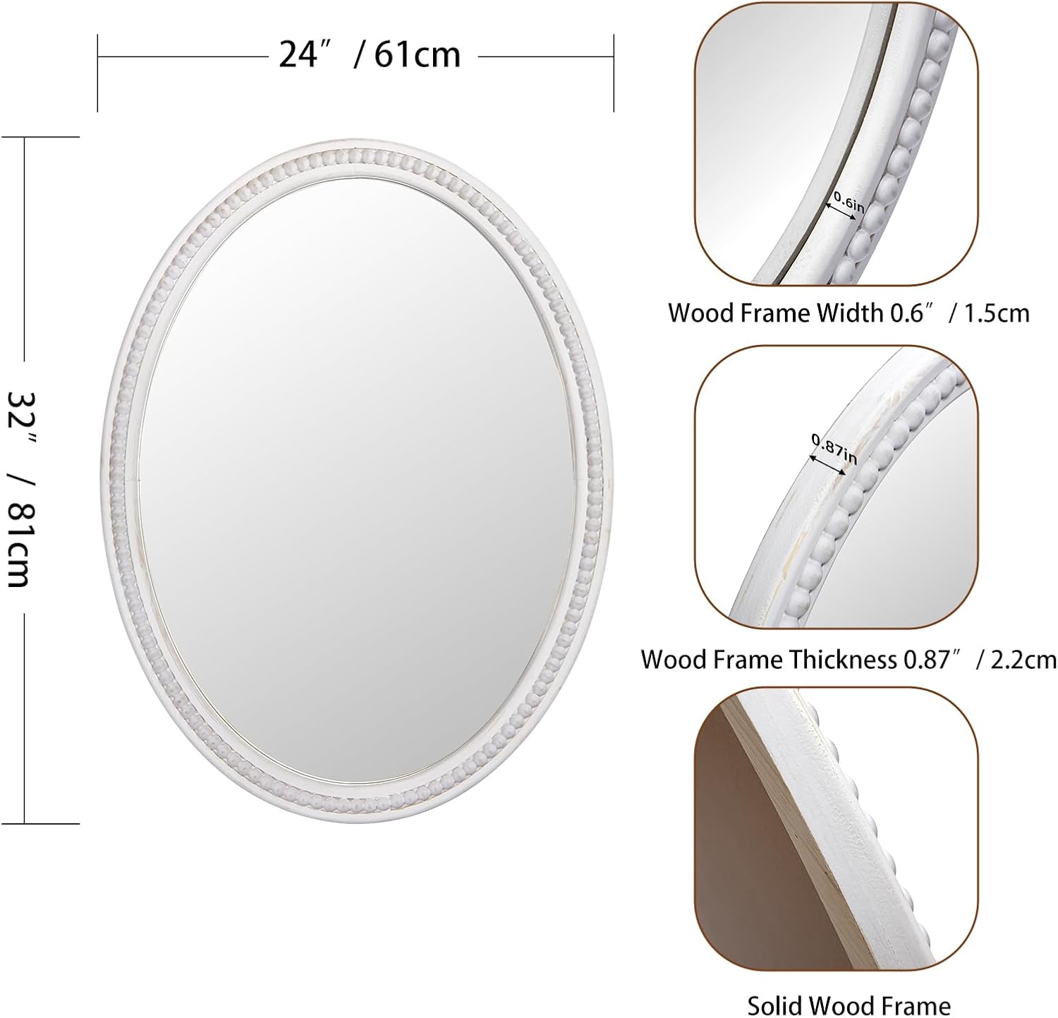24" x 32" Wall Mount Wood Beaded Frame Oval Mirror, White Real Glass Modern Farmhouse Decorative Mirror for Bathroom Vanity, Entryway, Bedroom