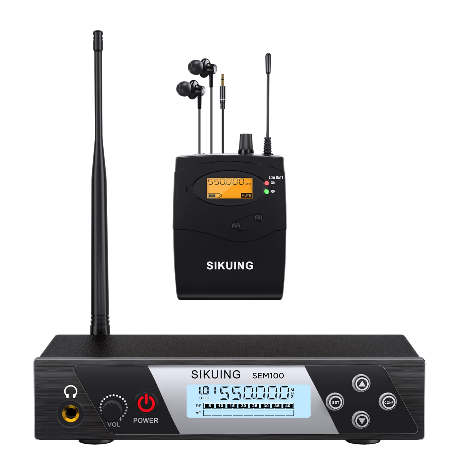 Sistema di monitor in-ear senza fili, IEM professionale con trasmettitore tascabile e auricolari, 100 frequenze UHF selezionabili, portata di 75 m, suono chiaro per musicisti, cantanti, bande