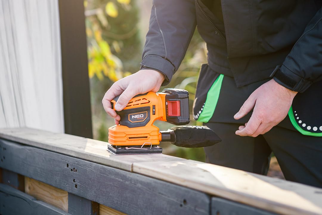 NEO TOOLS Smerigliatrice multiuso 3 in 1, batteria professionale, sistema 18 V, senza batteria, levigatrice orbitale, contenitore per polvere, base quadrata, piede rettangolare, piede delta, 3 pezzi