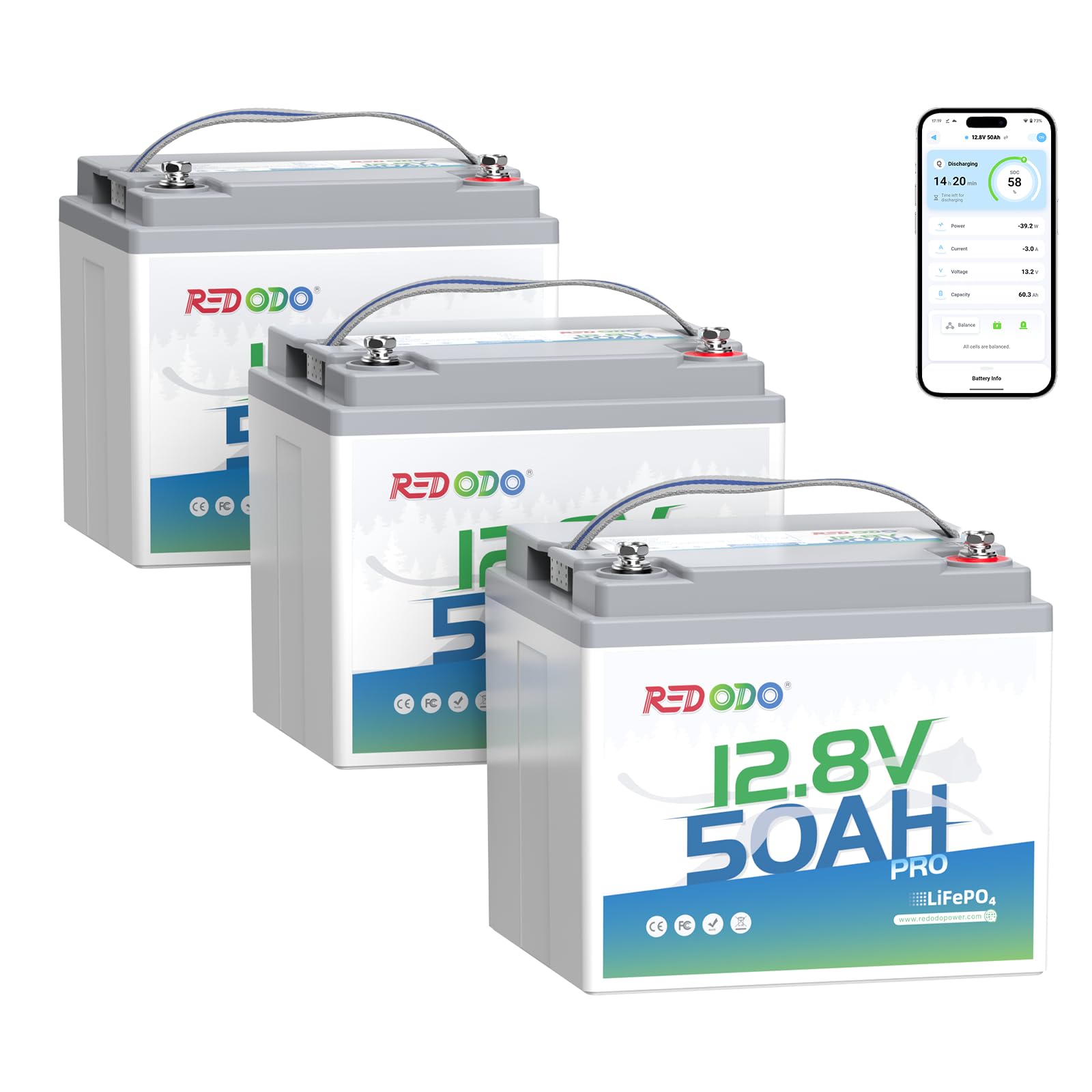 Redodo 12V 50Ah Bluetooth LiFePO4 Lithium Battery for Trolling Motor 3 Pack