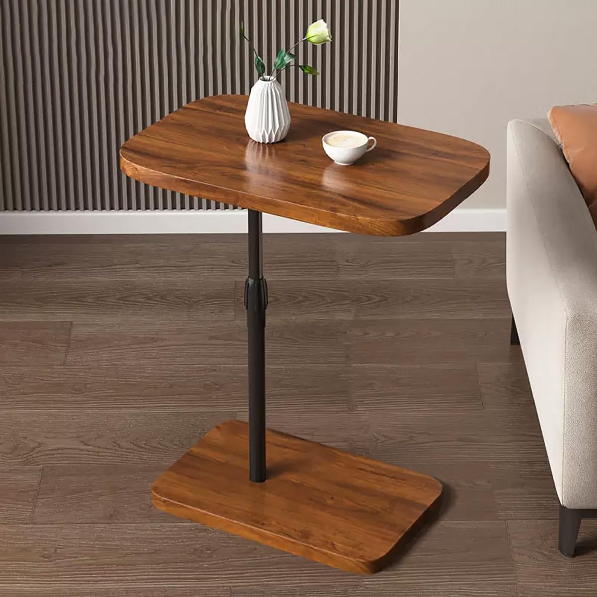 SXZenSpace Modern Adjustable C Shaped Side Table for Living Room & Bedroom Walnut Finish Space Saving End Easy Slide Under Couch TV Tray Stylish Home Decor