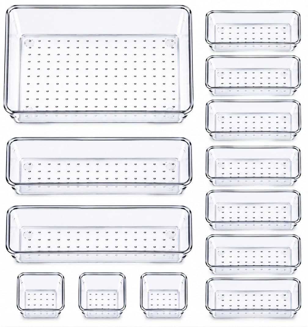 SabMak Clear Drawer Organiser Set of 12 Multi Size Plastic Storage Trays for Makeup Kitchen Cutlery Office Desk Bathroom Drawer Organisation (clear drawer organiser)