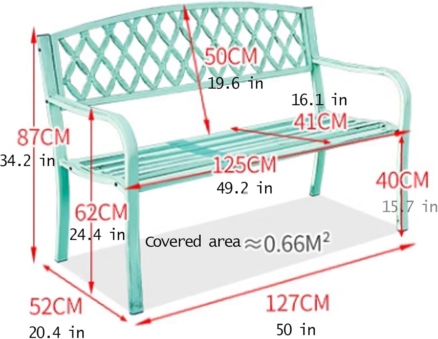 127cm/50 in Metal Garden Bench, 2-3 Seater Park Bench Chair, Outdoor Furniture Leisure Lounger Patio Chair for Balcony, Backyard, Deck and Poolside (Color : White, Size : 50x20.4x34.2 in)