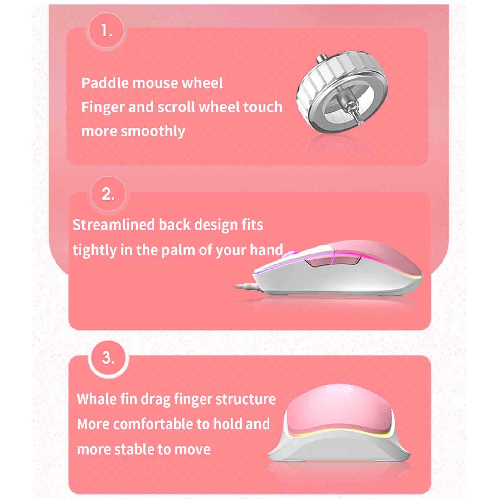 JUSHZ Mouse Cablato Usb Ergonomico Portatile Ottico Bagliore Comodo E Resistente 1200 DPI 1600 DPI 2400 DPI 3200 DPI 4800 DPI 7000 DPI (127x75x42mm,Pink)
