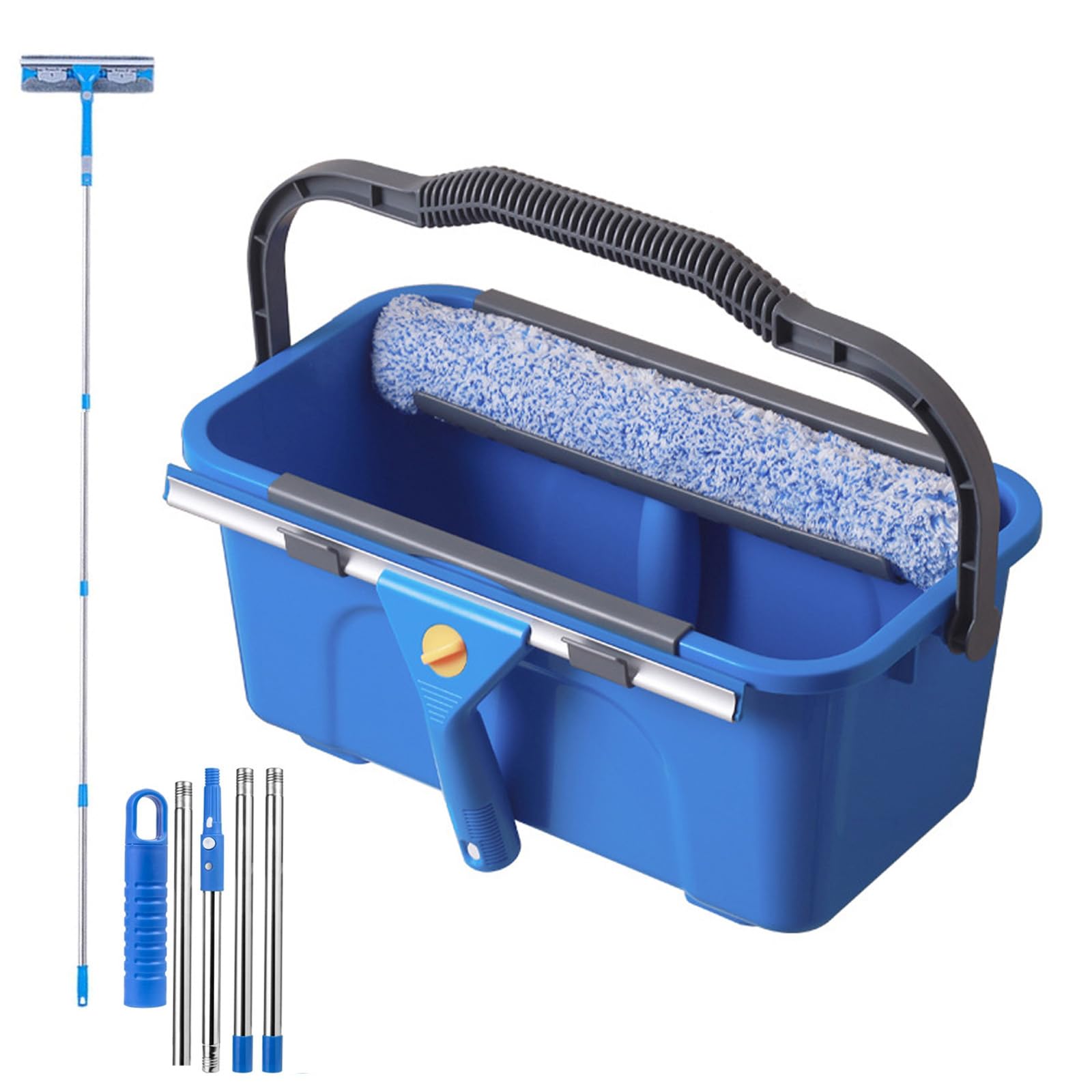 Set de limpieza de ventanas, limpiacristales con cubo de 12 l, escobilla para ventanas, paño de microfibra y paño para cristales, set de limpieza de ventanas para el hogar (4 varillas extensión 40 cm)