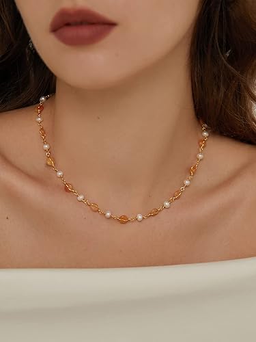 Miniatura 4 de DAUMIER Red Orange Tourmaline Natural Gemstone Choker Freshwater Pearl Necklace Gold 18inch Jewelry Birthday Gift for Mom Women