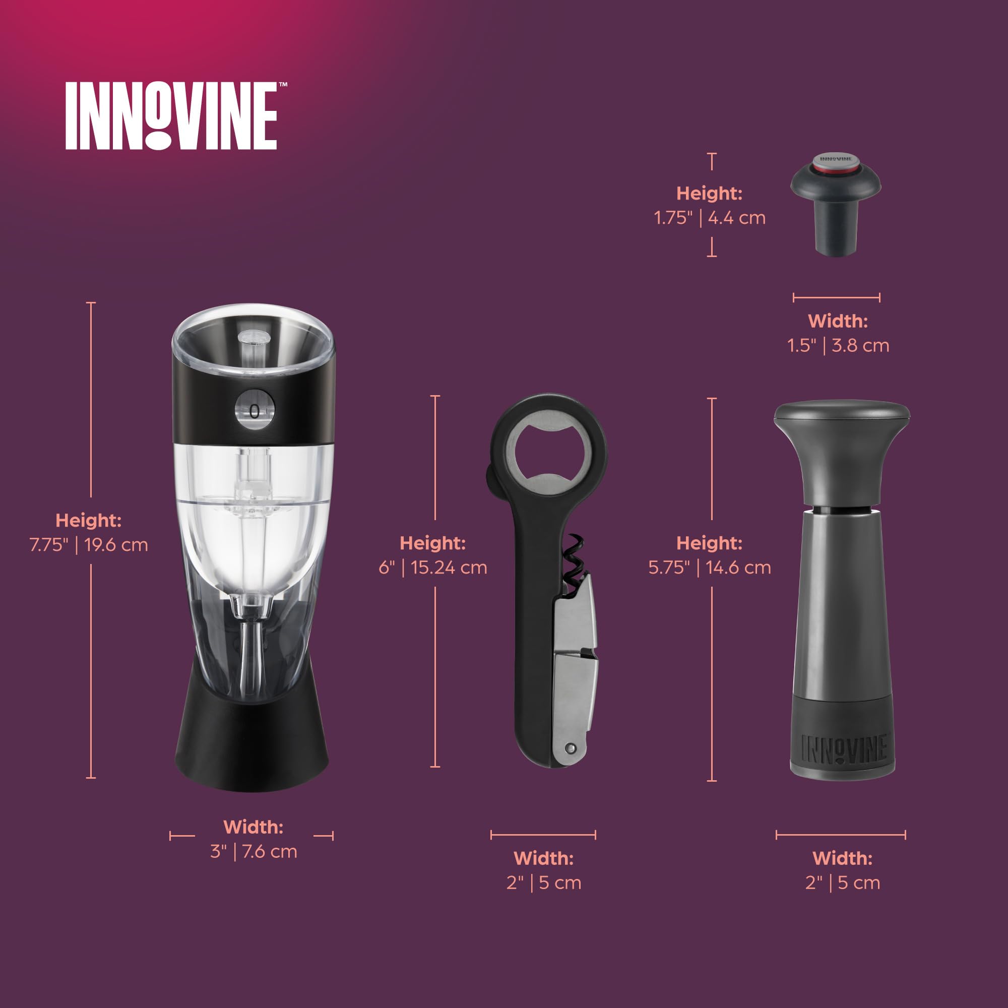 Innovine Red Wine Pro 4-teiliges Weinwerkzeug-Geschenkset - Verstellbarer Weinbelüfter mit Ständer, Doppelscharnier-Korkenzieher & Vakuum-Weinsparer mit Stopper - Komplettes Rotweinöffnungs